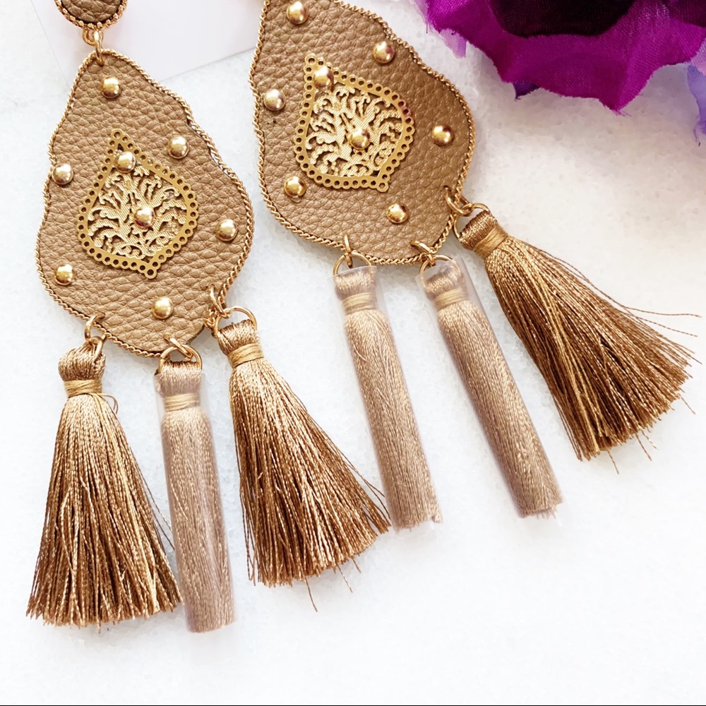 Studded Brown Leather Triple Tassel Earrings - Picture 3 of 7